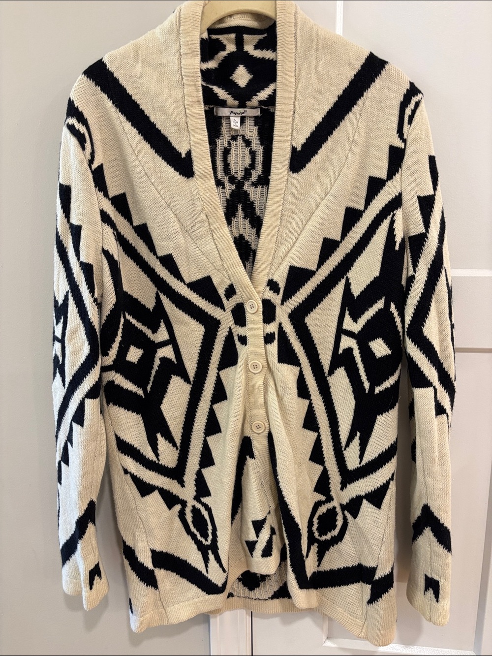 Papaya Cream and Black Geometric Button-Front Cardigan